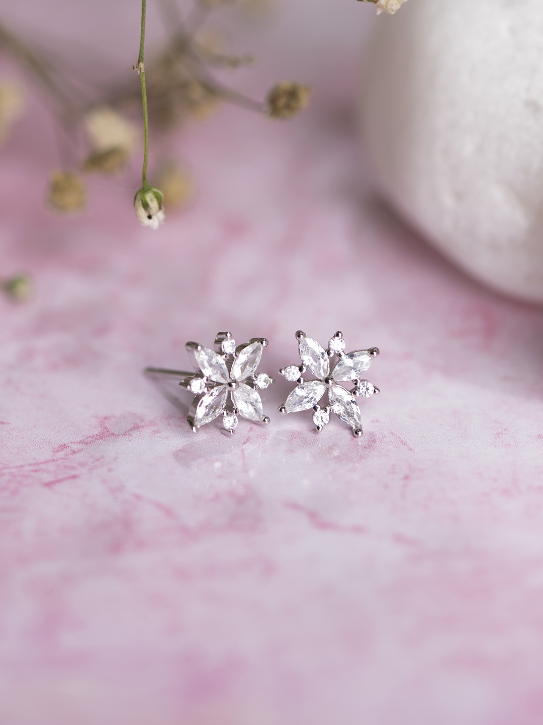 

Zavya 925 Sterling Silver CZ Studded Floral Studs Earrings