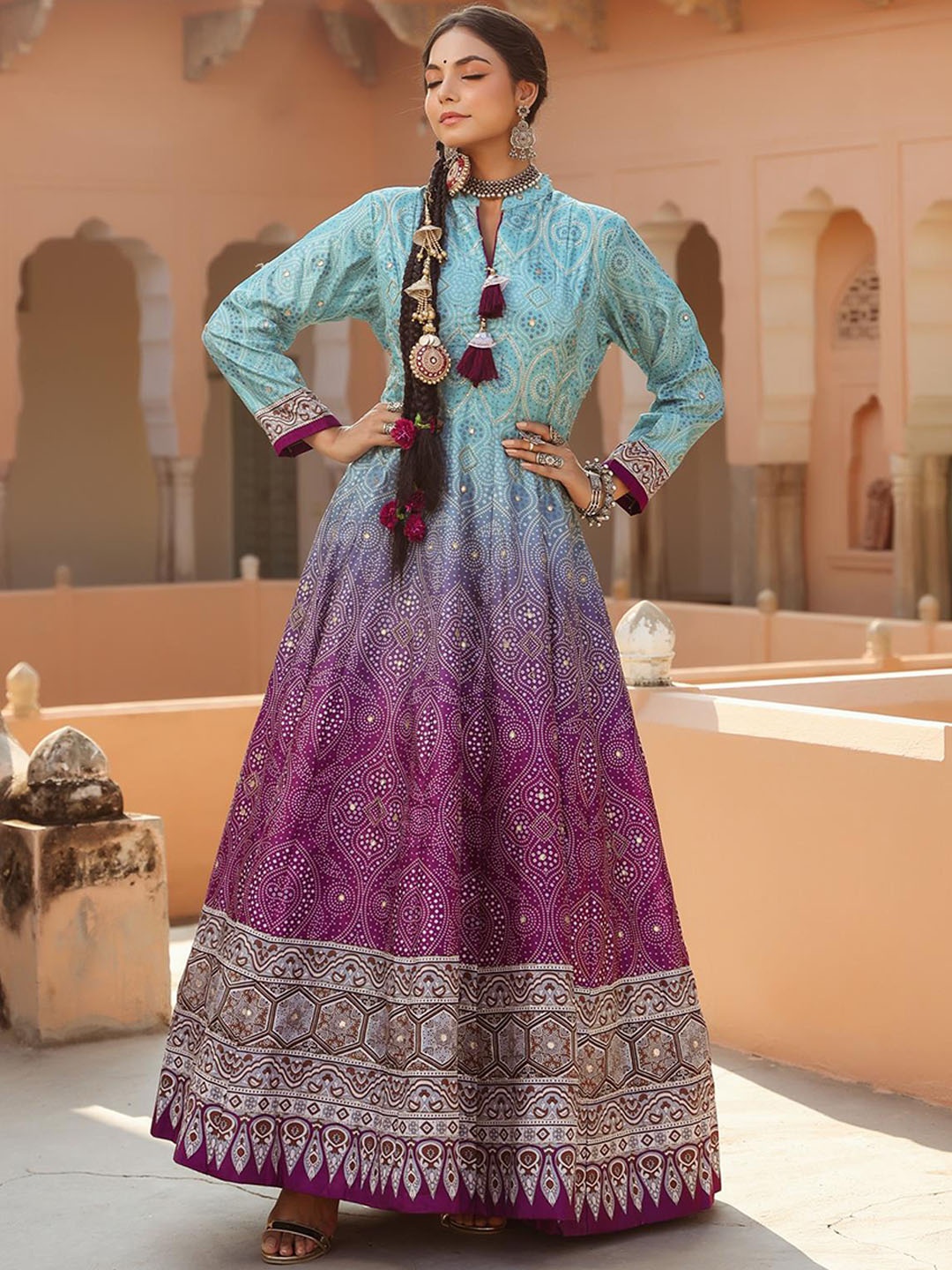 

SCAKHI Women Purple Ombre Printed Panelled Beads and Stones Pure Silk Kurta With Dupatta