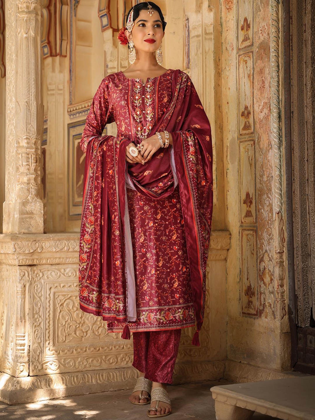 

SCAKHI Women Rust Floral Printed Sequinned Velvet Kurta with Trousers & With Dupatta