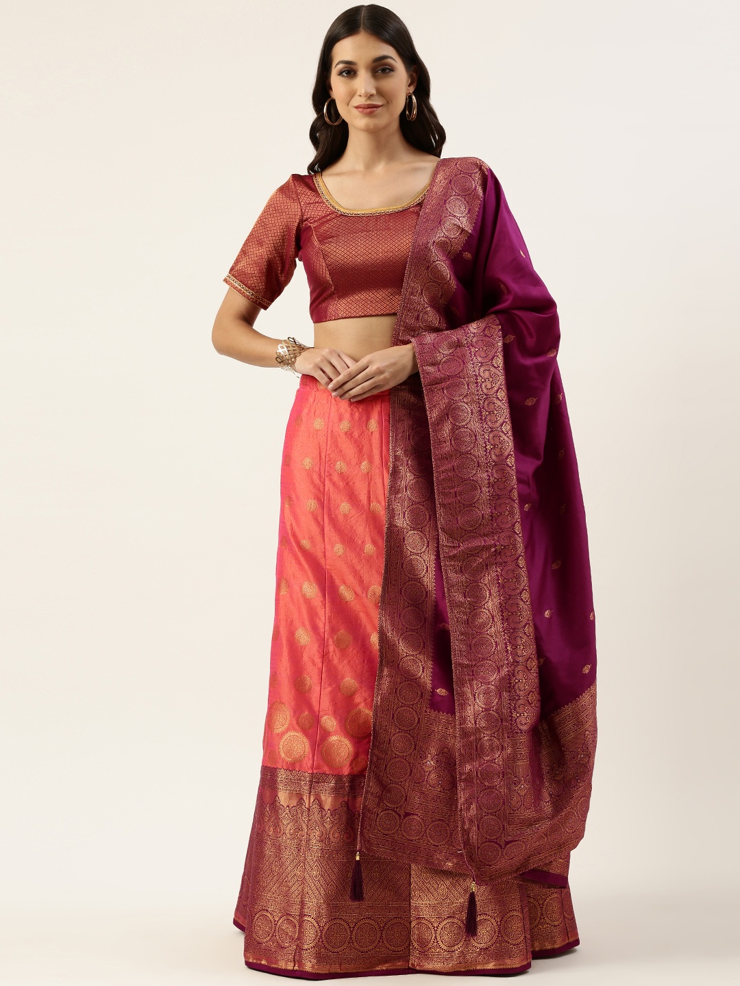 

Pothys Maroon & Rust Unstitched Lehenga & Blouse With Dupatta