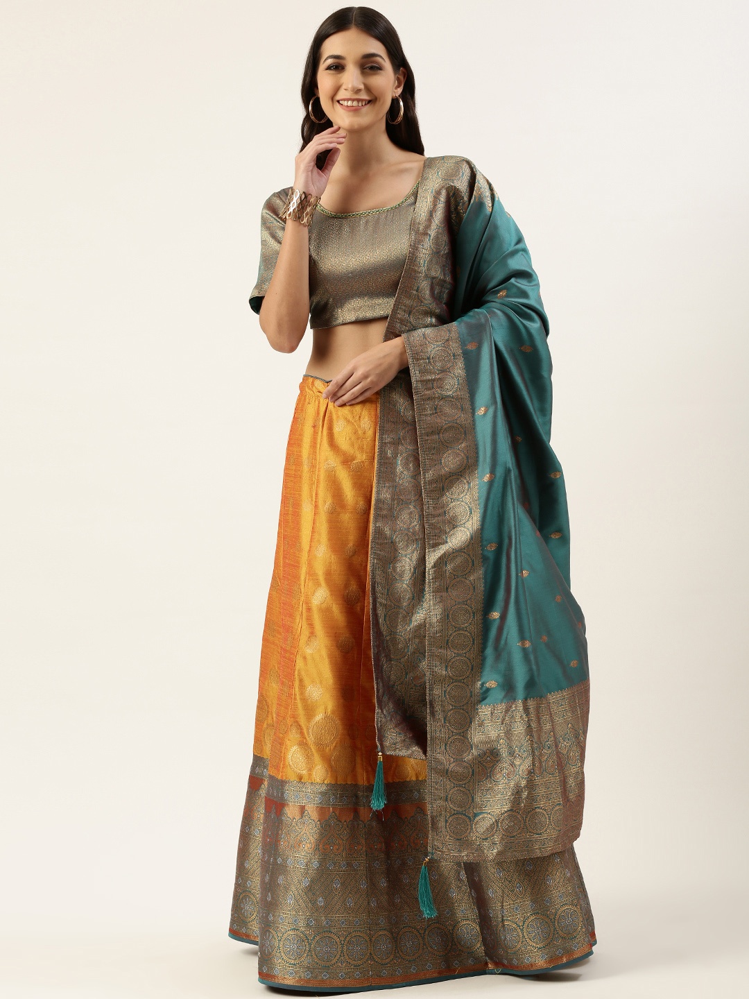 

Pothys Teal & Mustard Yellow Unstitched Lehenga & Blouse With Dupatta