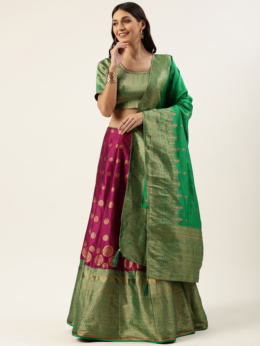 

Pothys Green & Burgundy Unstitched Lehenga & Blouse With Dupatta