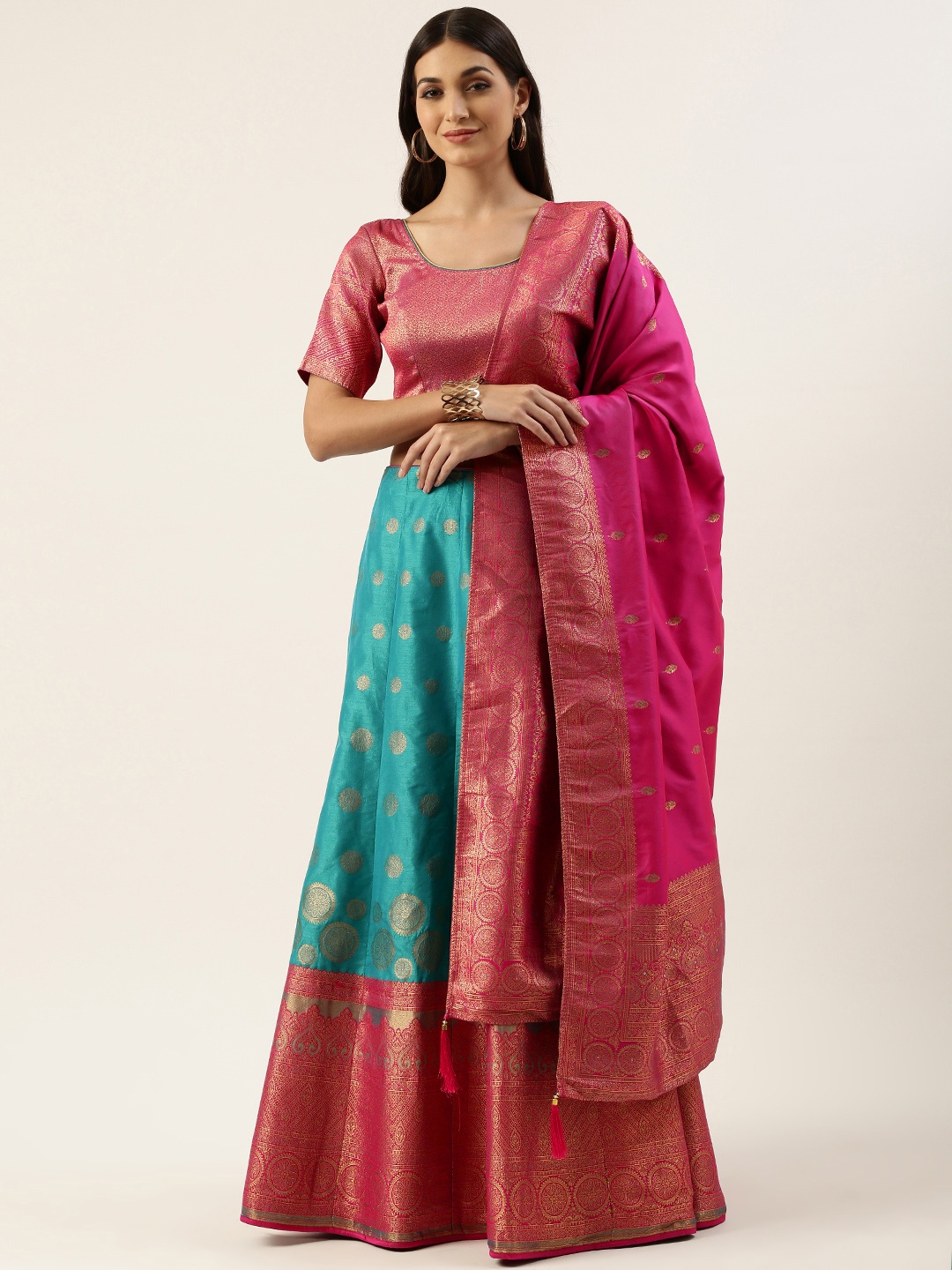 

Pothys Turquoise Blue & Pink Unstitched Lehenga & Blouse With Dupatta