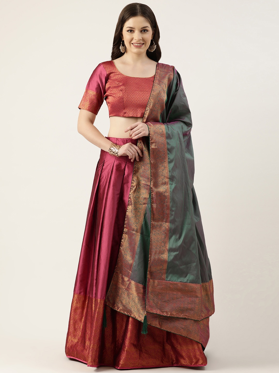 

Pothys Maroon & Green Unstitched Lehenga & Blouse With Dupatta