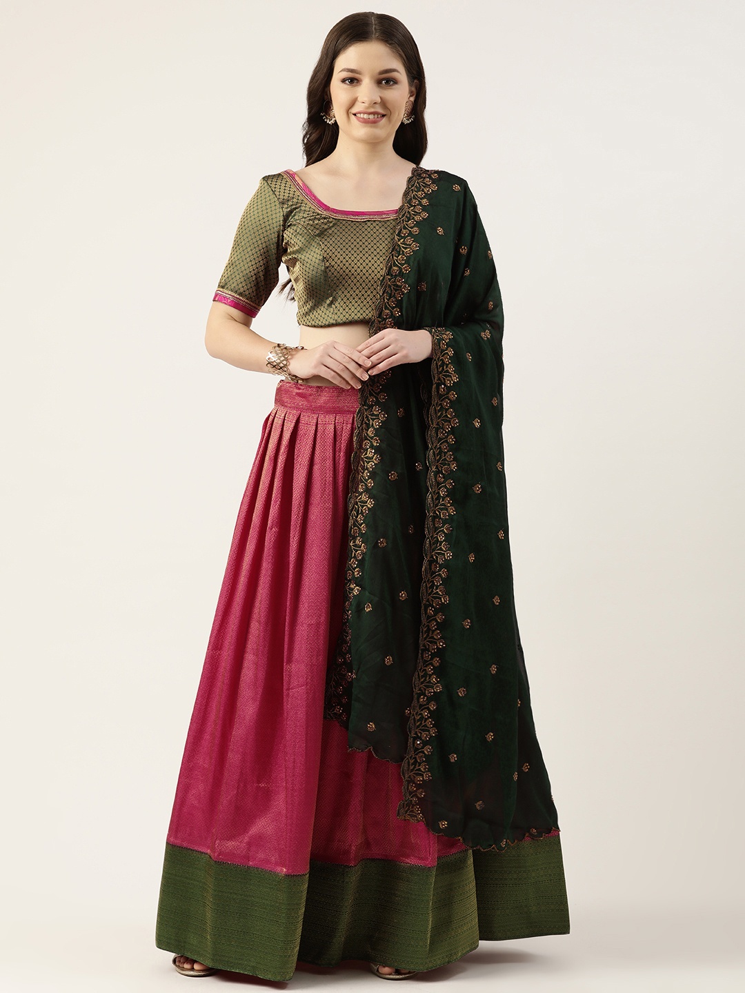 

Pothys Pink & Green Thread Work Unstitched Lehenga & Blouse With Dupatta