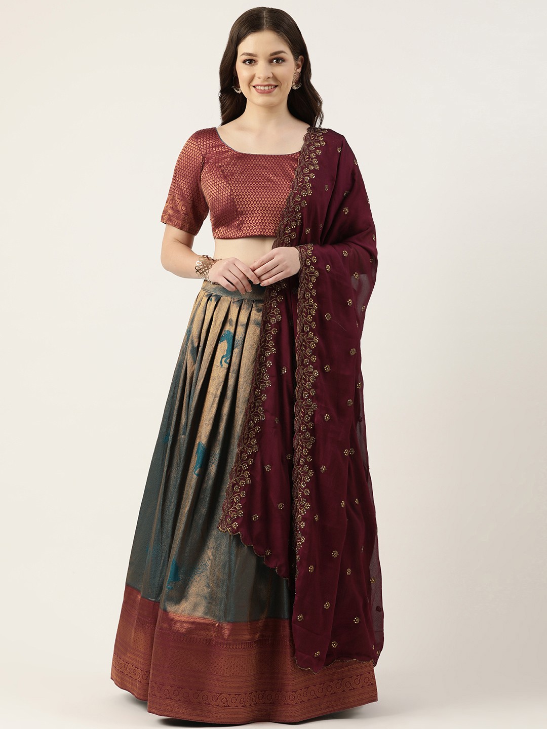 

Pothys Teal & Red Unstitched Lehenga & Blouse With Dupatta