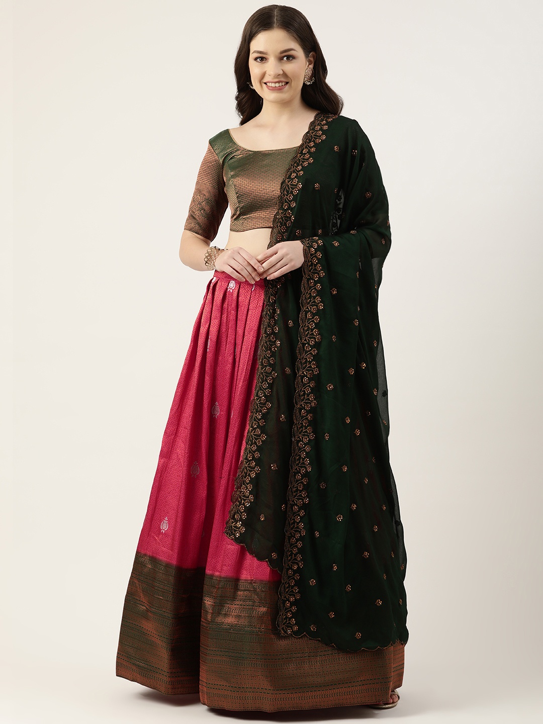 

Pothys Pink & Green Unstitched Lehenga & Blouse With Dupatta