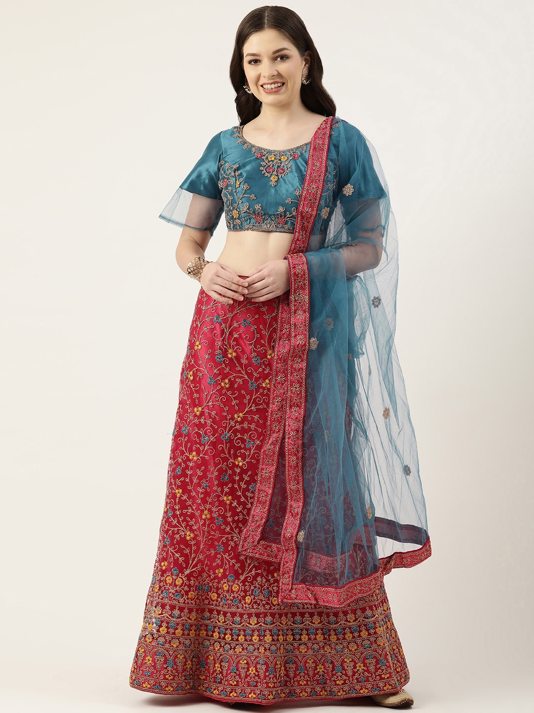 

Pothys Red & Turquoise Blue Thread Work Unstitched Lehenga & Blouse With Dupatta