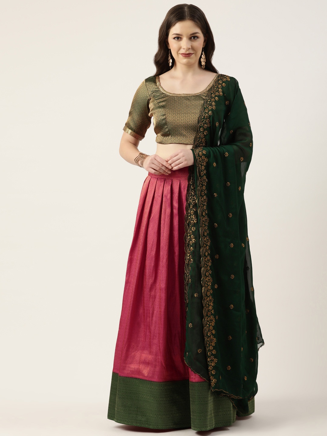 

Pothys Pink & Green Unstitched Lehenga & Blouse With Dupatta