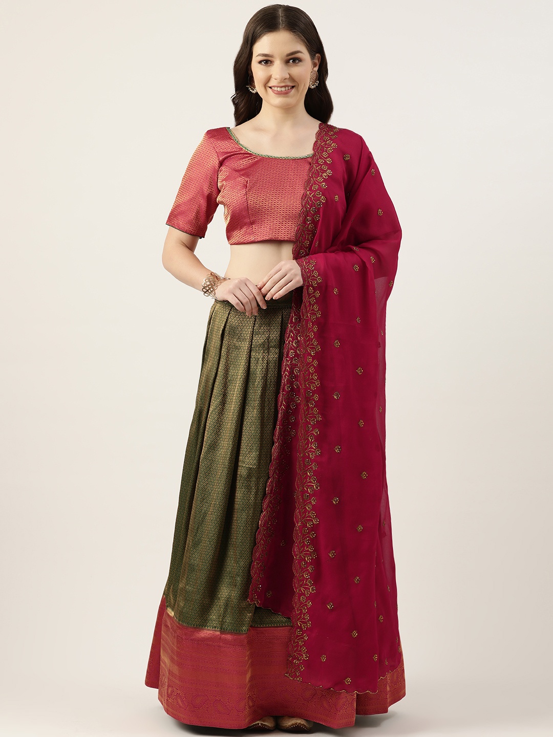 

Pothys Green & Pink Unstitched Lehenga & Blouse With Dupatta