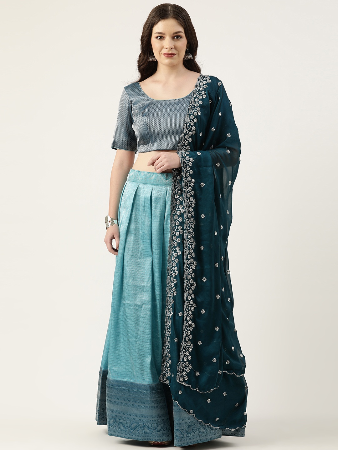 

Pothys Blue Unstitched Lehenga & Blouse With Dupatta