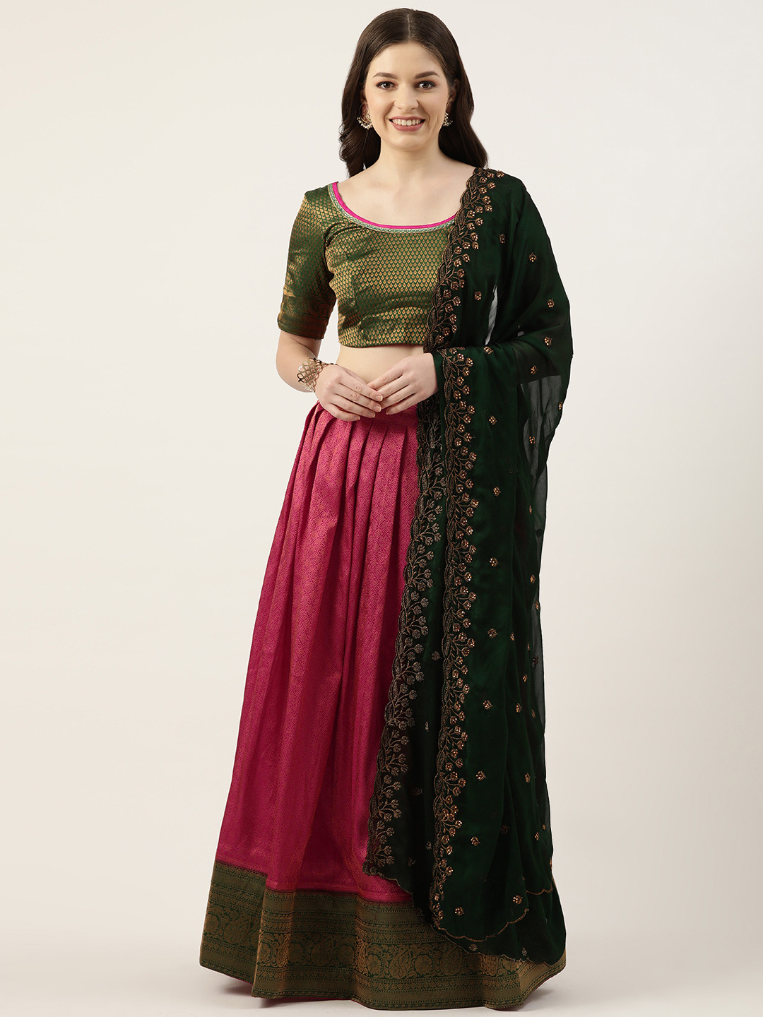 

Pothys Pink & Green Thread Work Unstitched Lehenga & Blouse With Dupatta