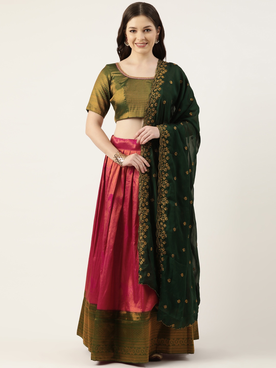 

Pothys Pink & Green Unstitched Lehenga & Blouse With Dupatta