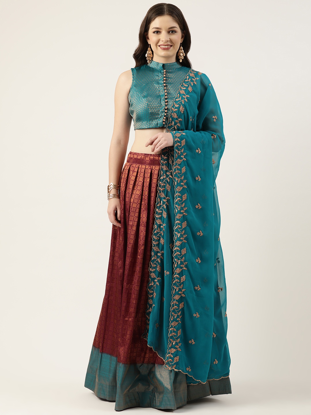 

Pothys Turquoise Blue & Purple Unstitched Lehenga & Blouse With Dupatta