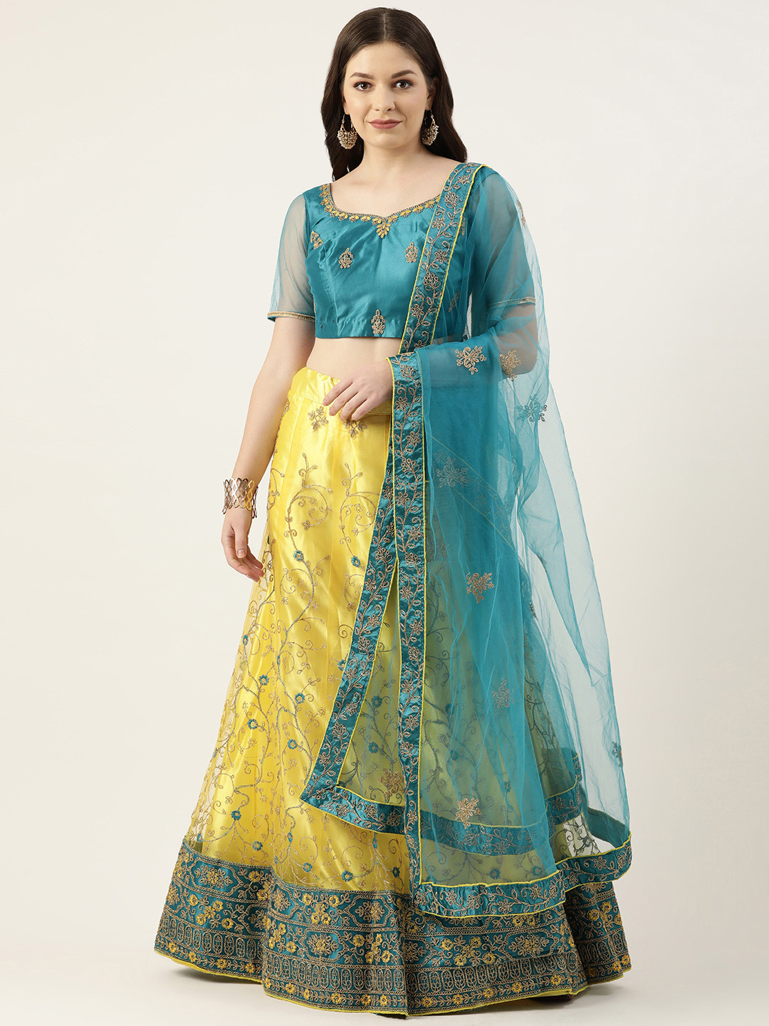 

Pothys Yellow & Turquoise Blue Unstitched Lehenga & Blouse With Dupatta