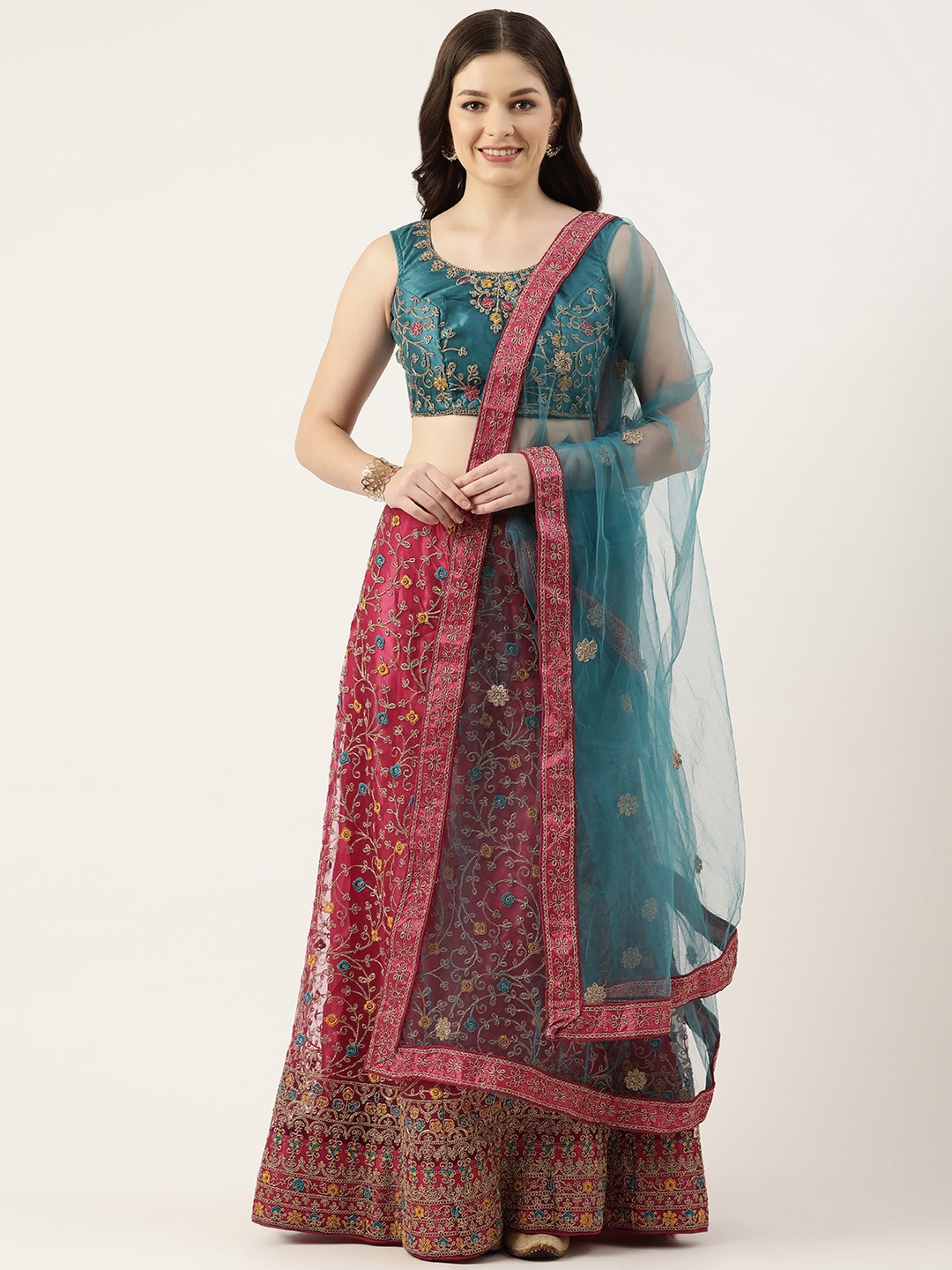 

Pothys Pink & Turquoise Blue Embroidered Thread Work Unstitched Lehenga & Blouse With Dupatta