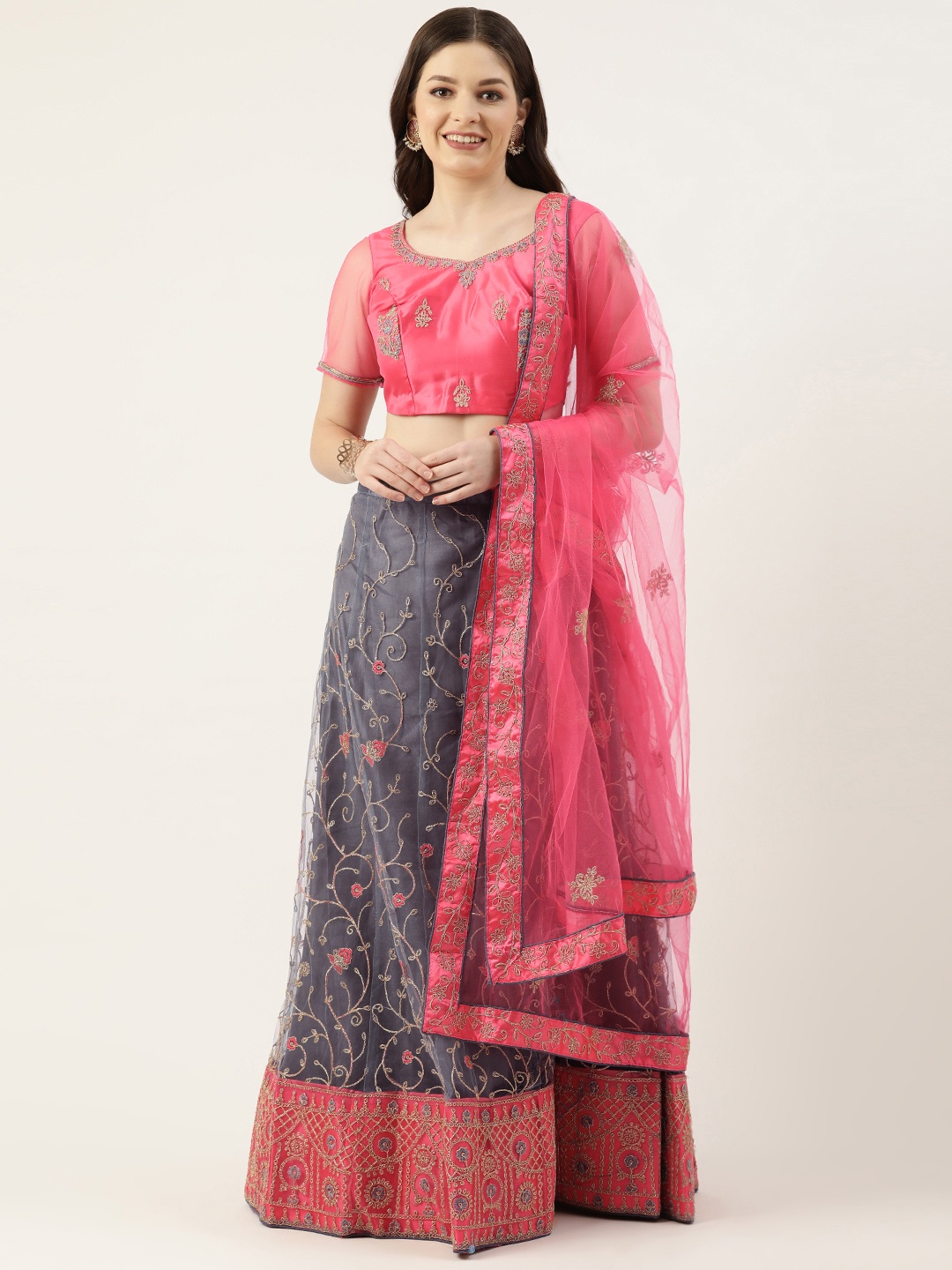 

Pothys Grey & Pink Thread Work Unstitched Lehenga & Blouse With Dupatta