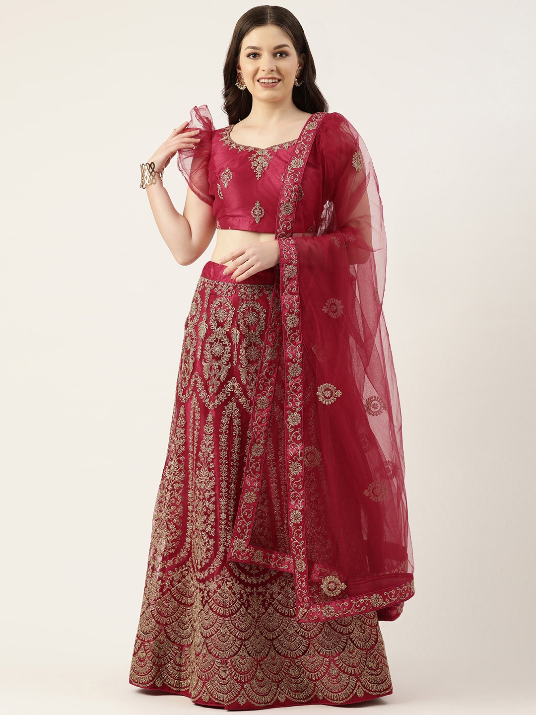 

Pothys Pink & Gold-Toned Thread Work Unstitched Lehenga & Blouse With Dupatta