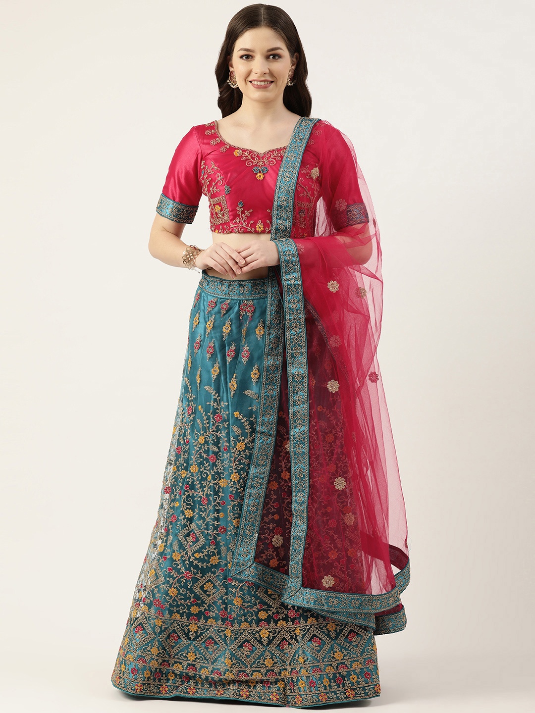 

Pothys Turquoise Blue & Red Thread Work Unstitched Lehenga & Blouse With Dupatta