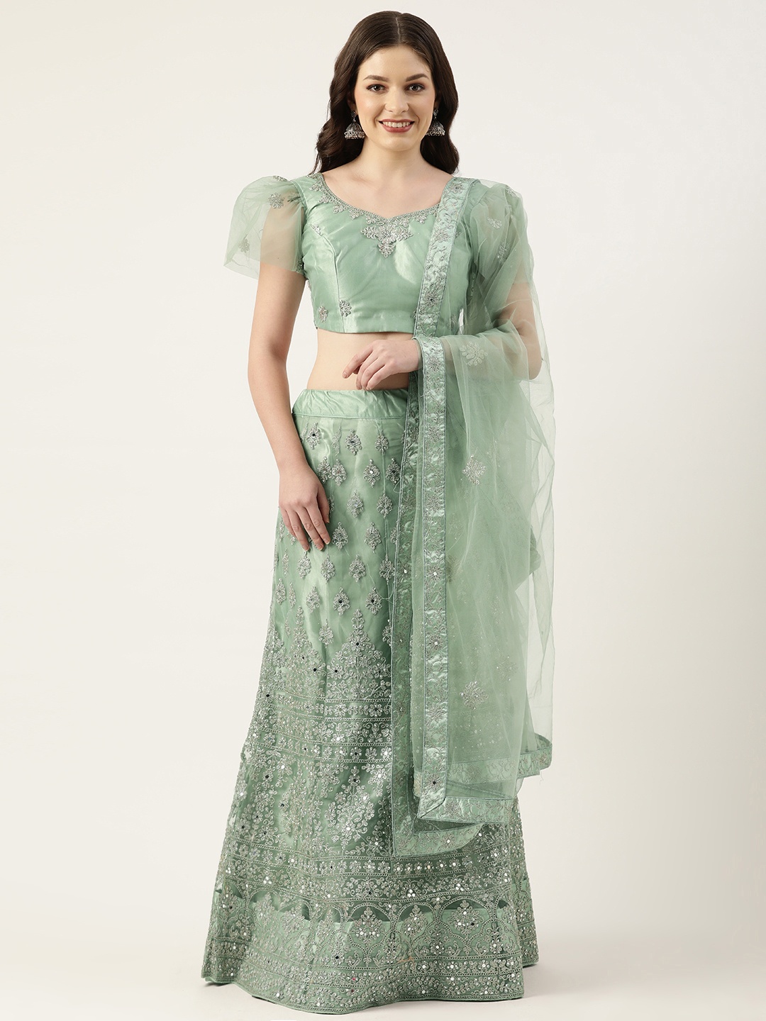 

Pothys Sea Green Thread Work Unstitched Lehenga & Blouse With Dupatta