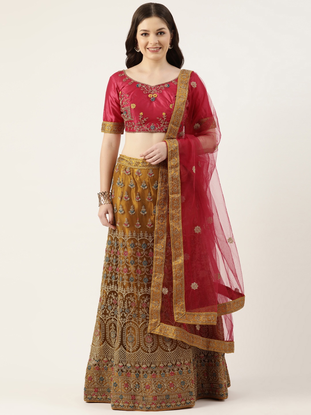 

Pothys Mustard & Pink Thread Work Unstitched Lehenga & Blouse With Dupatta