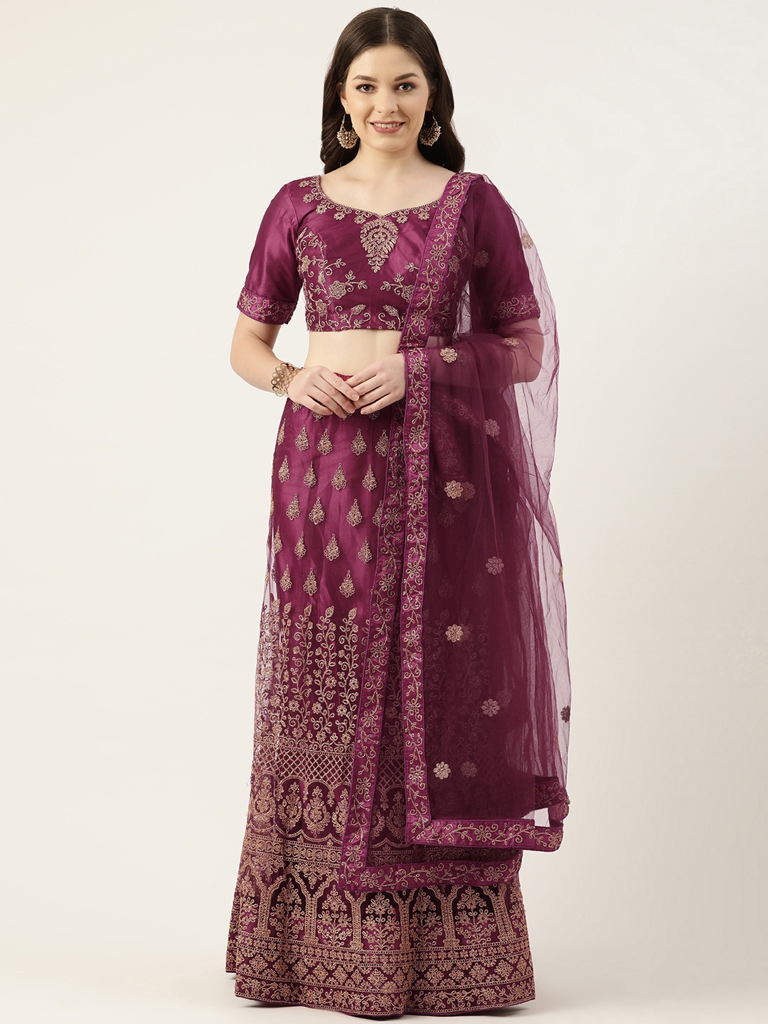 

Pothys Magenta Thread Work Unstitched Lehenga & Blouse With Dupatta