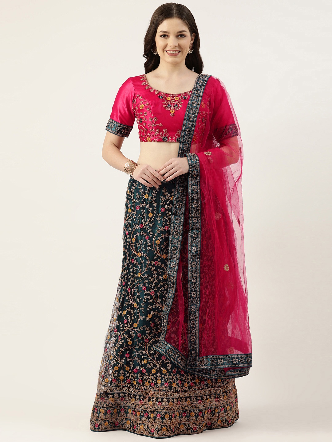 

Pothys Red & Teal Thread Work Unstitched Lehenga & Blouse With Dupatta