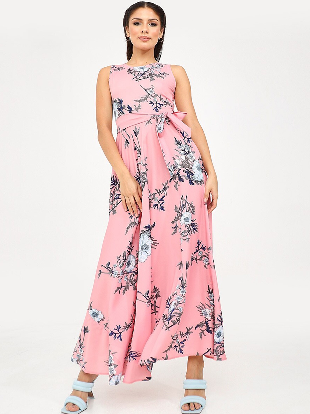 

Styli Pink & Grey Sleeveless Floral Print A-Line Maxi Dress with Self Tie Up