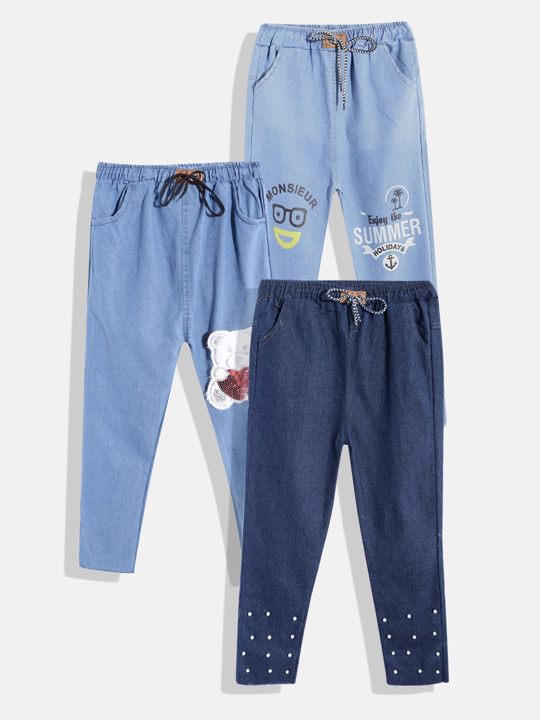

MANZON Girls Pack of 3 Slim Fit Applique Jeans, Blue