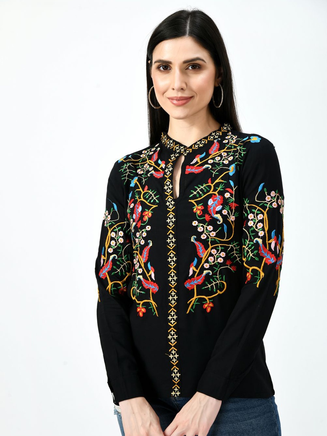 

TAARAA Black Floral Embroidered Mandarin Collar Top