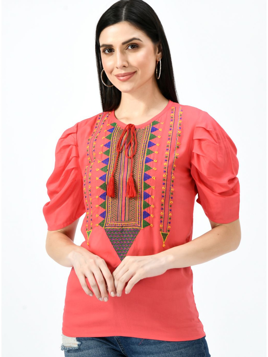 

TAARAA Pink Geometric Embroidery Tie-Up Neck Top