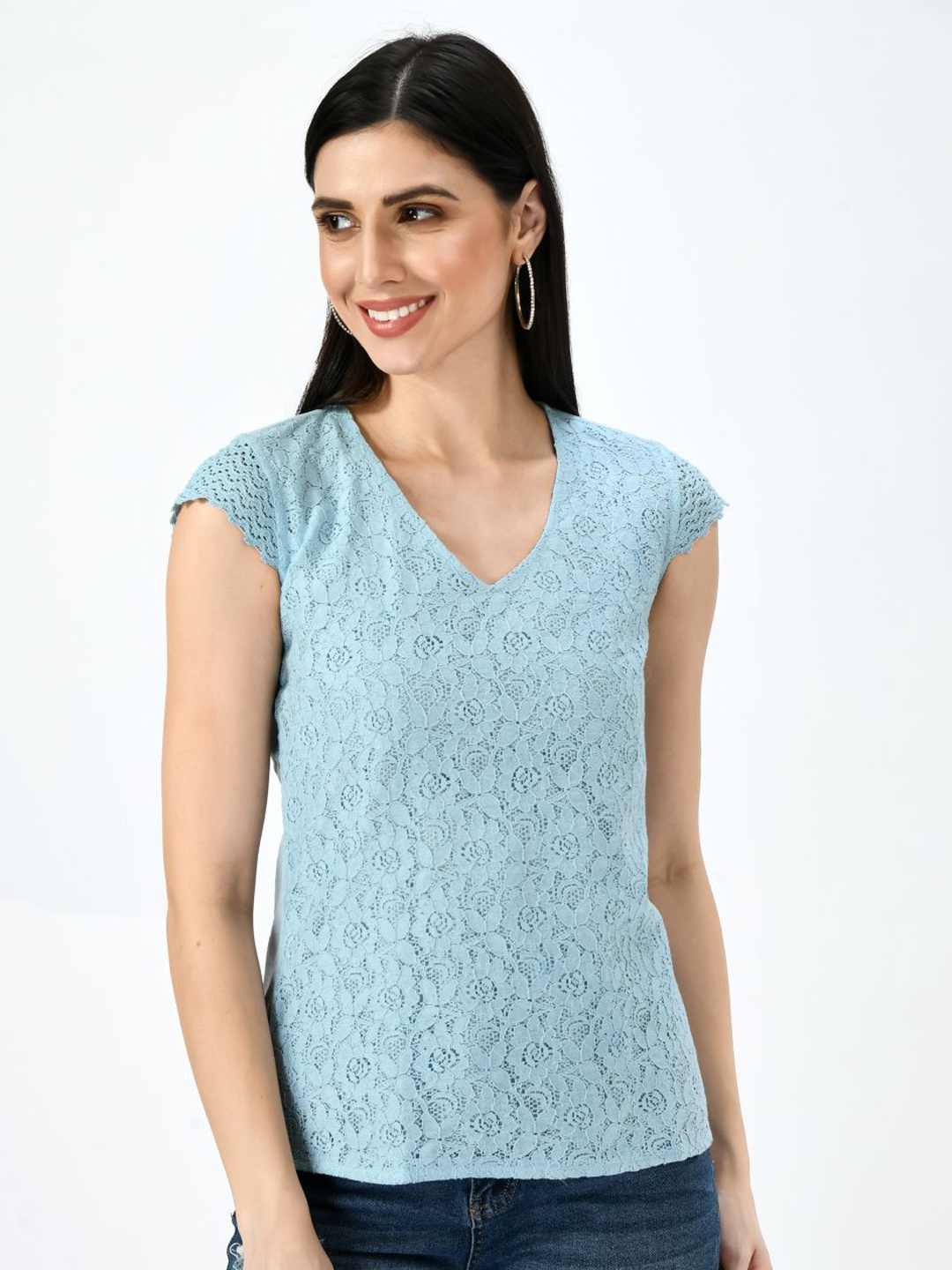 

TAARAA Women Turquoise Blue Floral Top