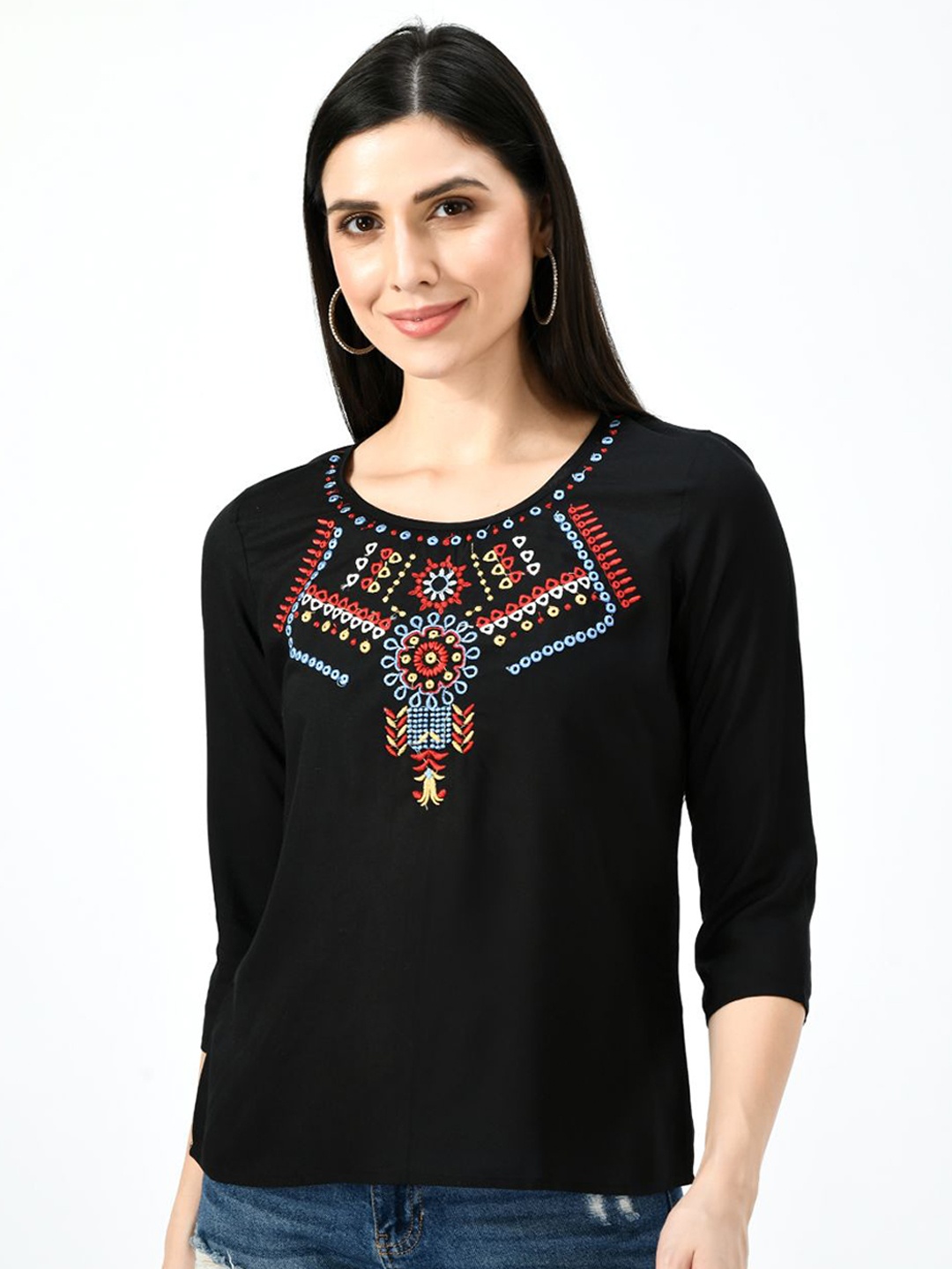 

TAARAA Women Black Round Neck Embroidered Top