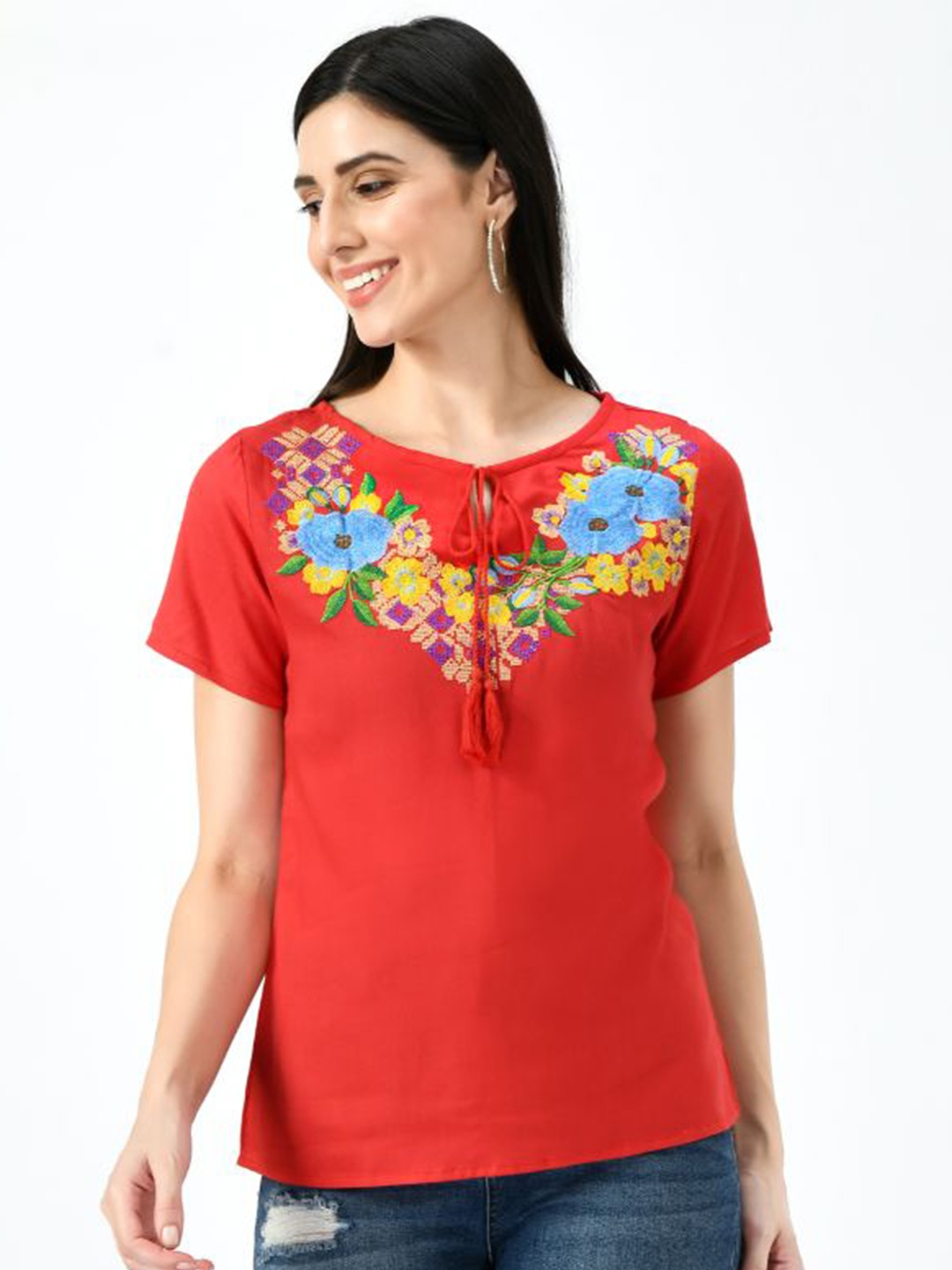 

TAARAA Women Red Floral Embroidered Tie-Up Neck Top