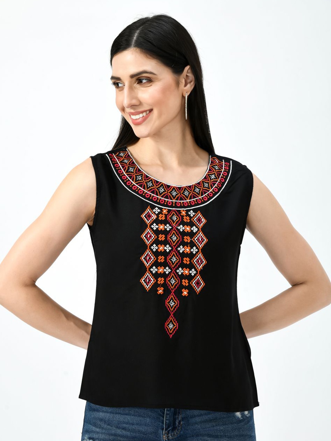 

TAARAA Women Red And Orange Geometric Embroidered Sleeveless Top, Black