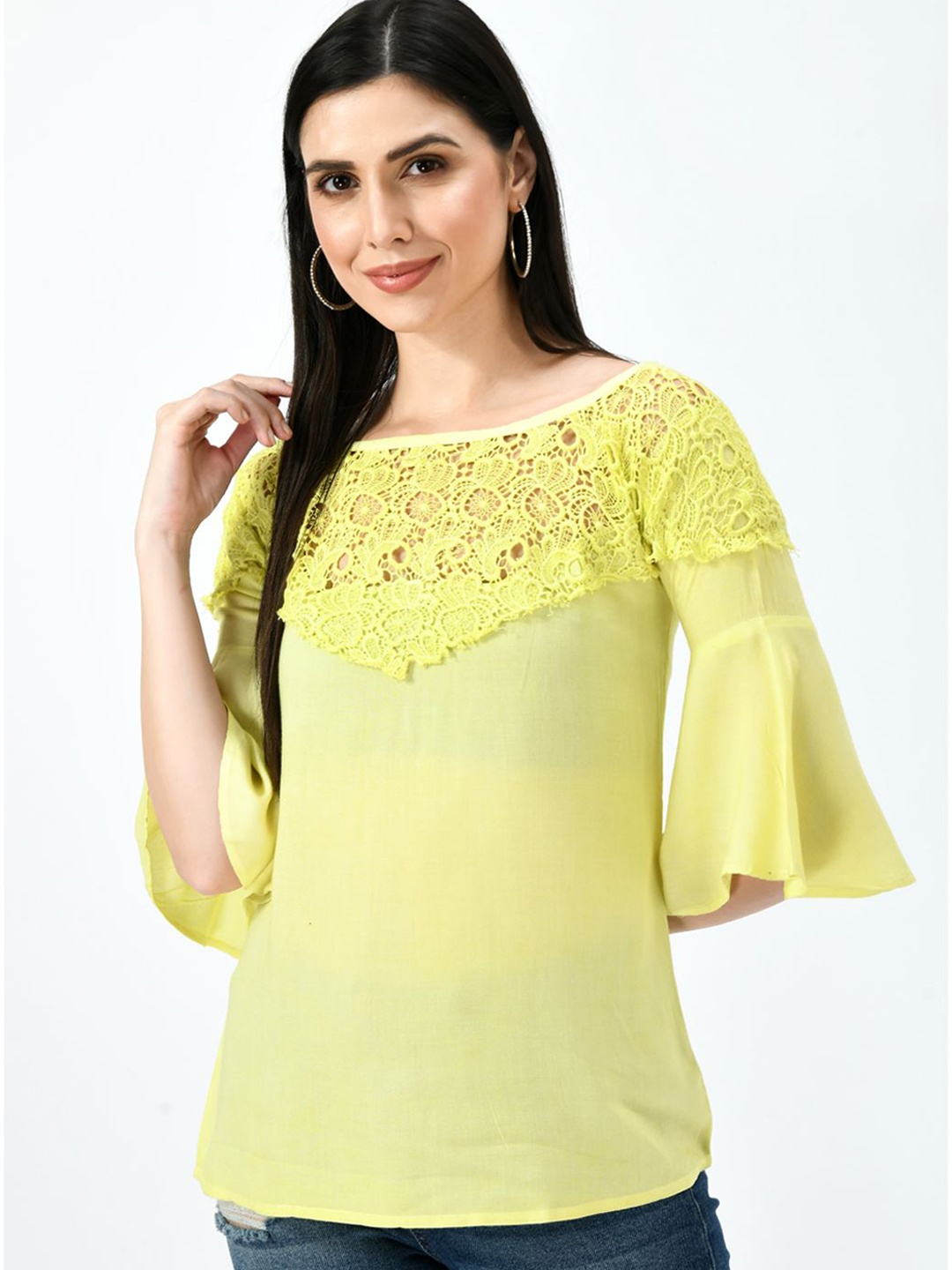 

TAARAA Lace Insert Detail Bell Sleeves Top, Yellow
