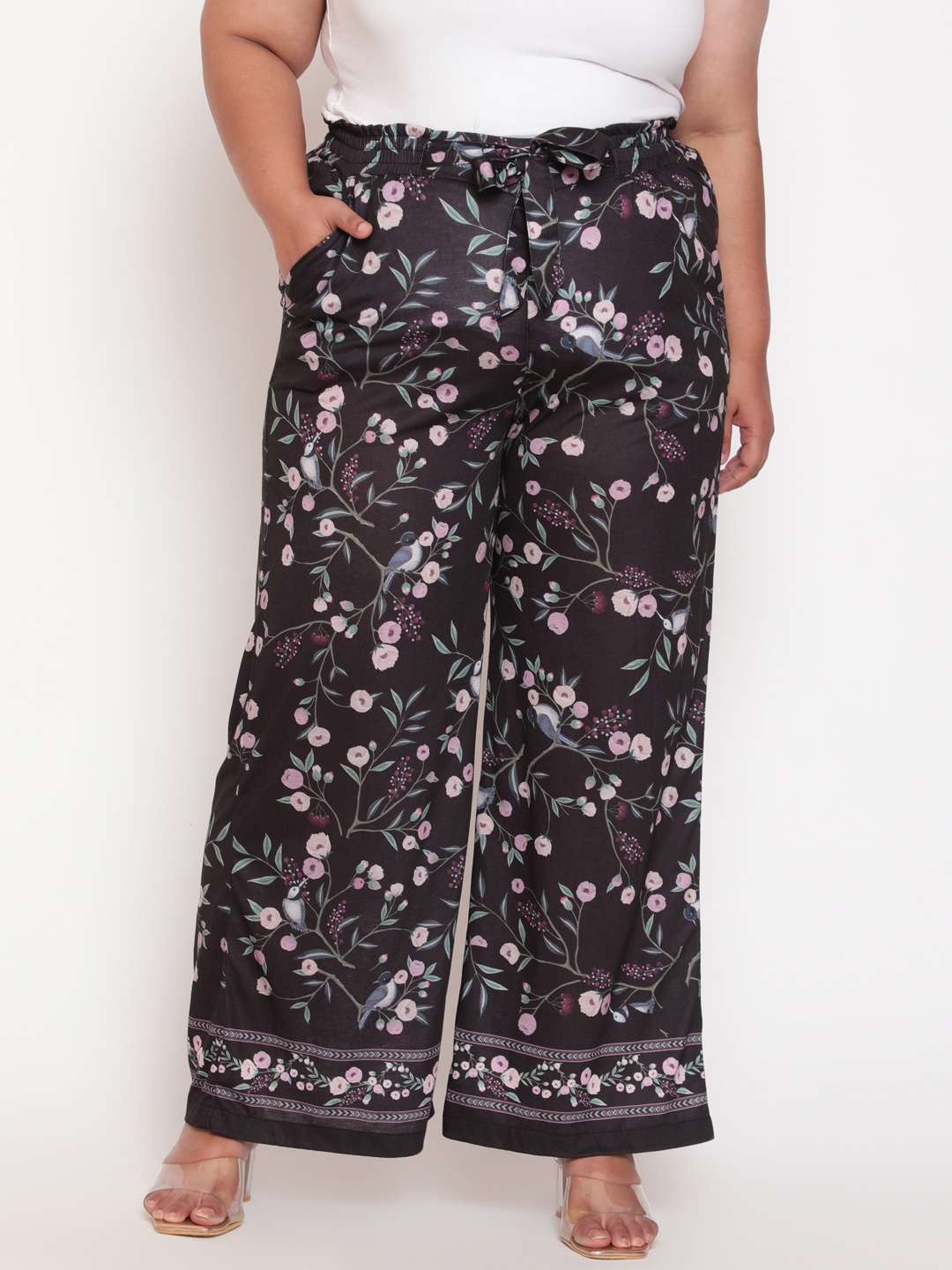 

Amydus Women Plus Size Black & Pink Floral Printed Palazzo