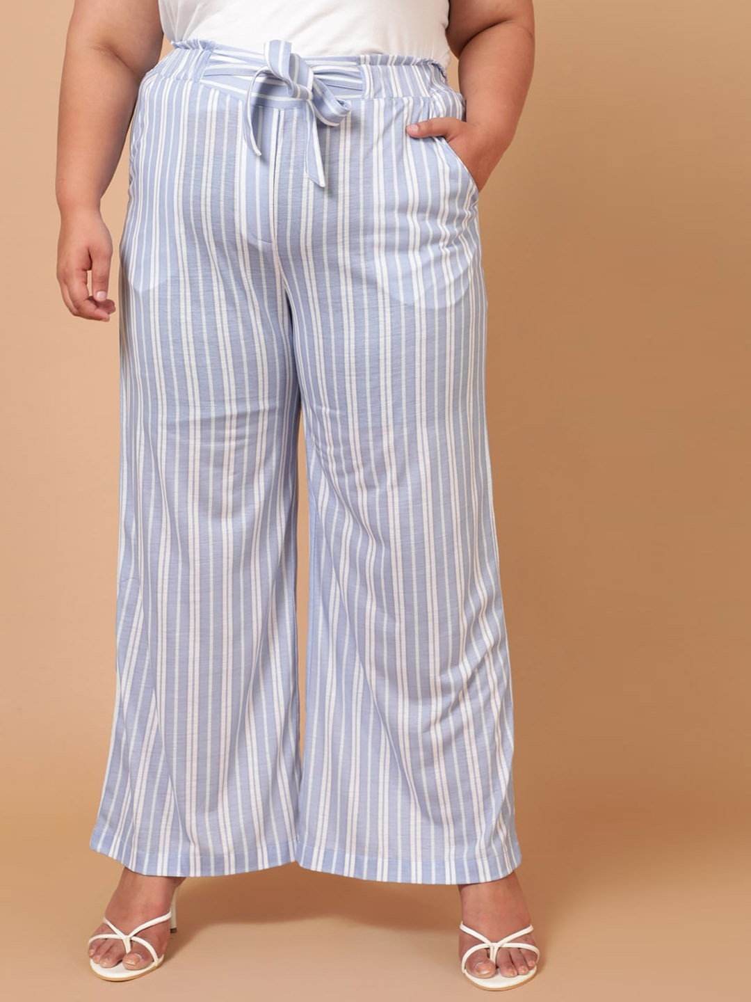 

Amydus Women Plus Size Blue Striped Trousers