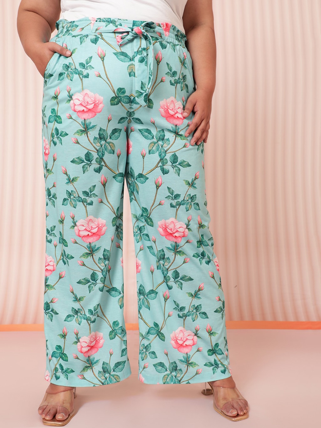 

Amydus Plus Size Women Green Floral Printed Trousers