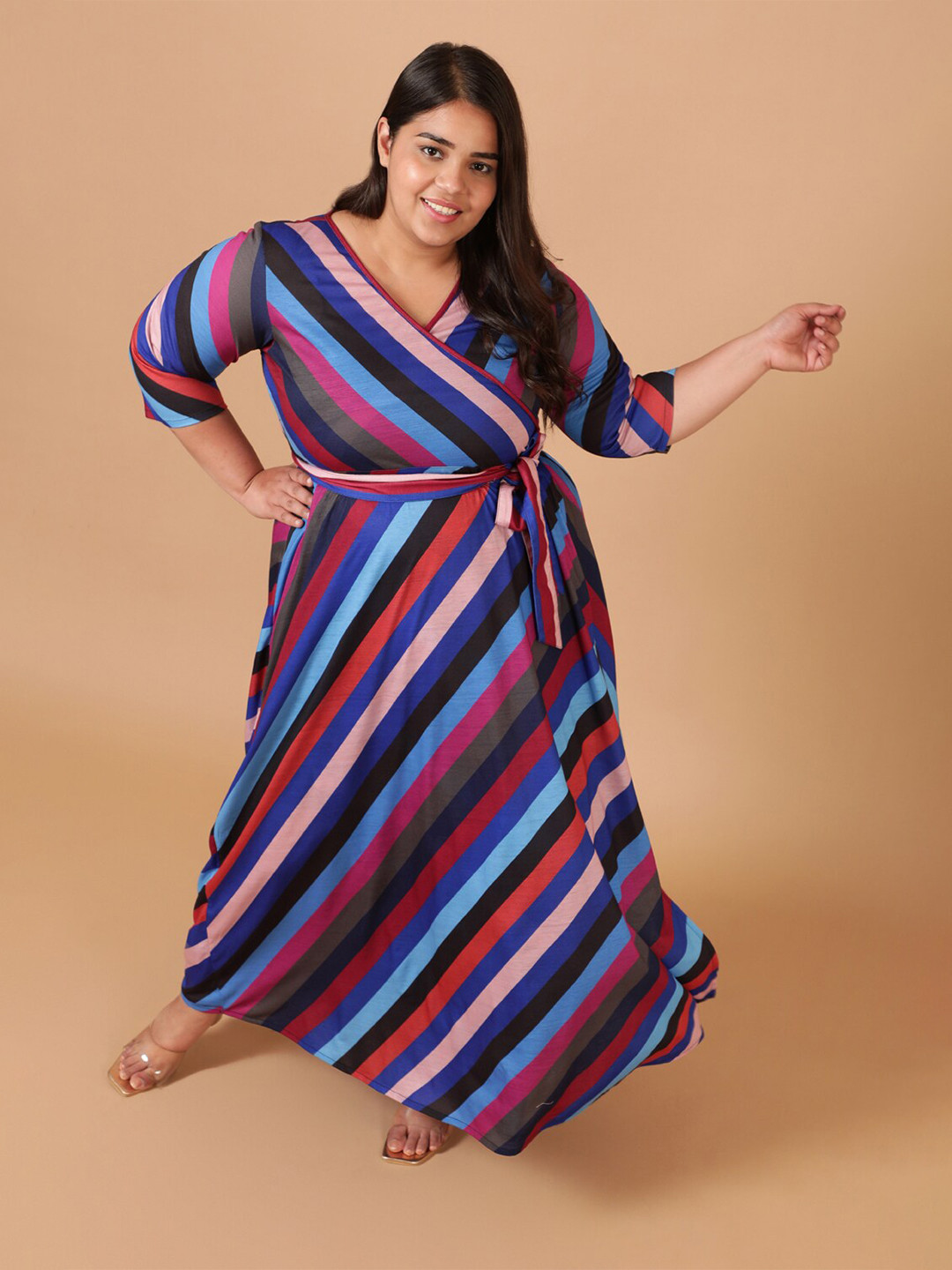 

Amydus Women Plus Size V-Neck Multicoloured Striped Maxi Dress, Multi