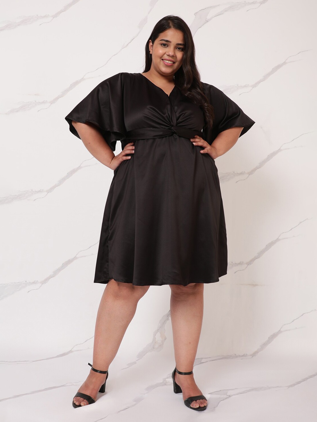 

Amydus Women Plus Size Black Solid Satin Dress