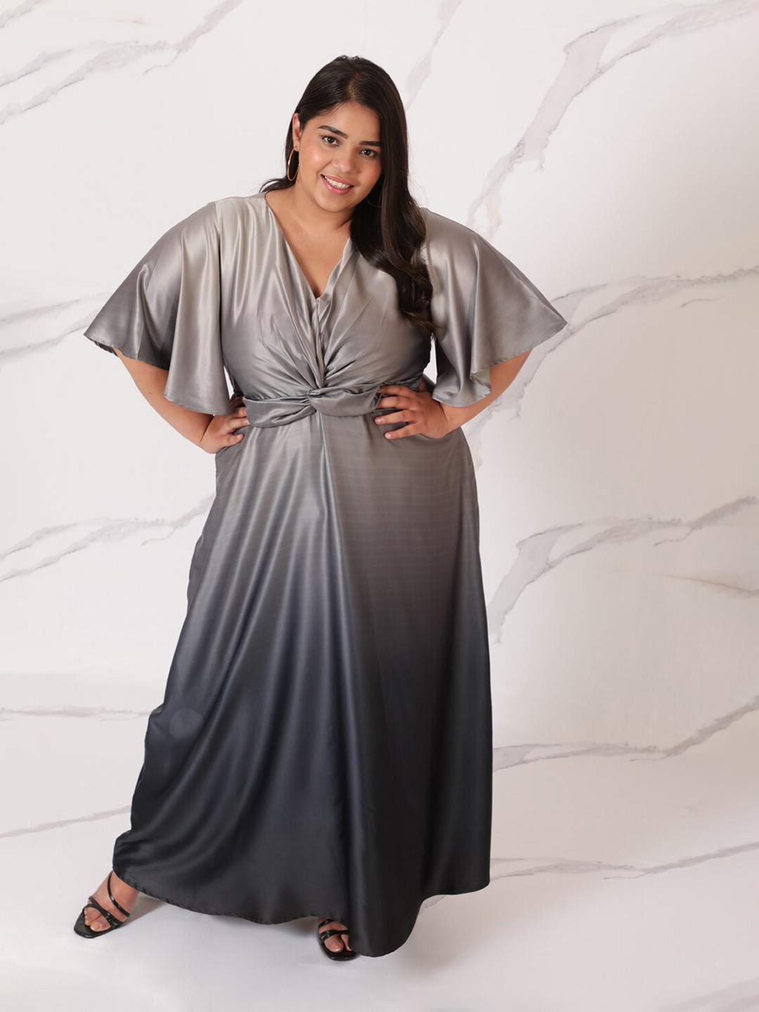 

Amydus Women Plus Size Grey V-Neck Satin Maxi Dress
