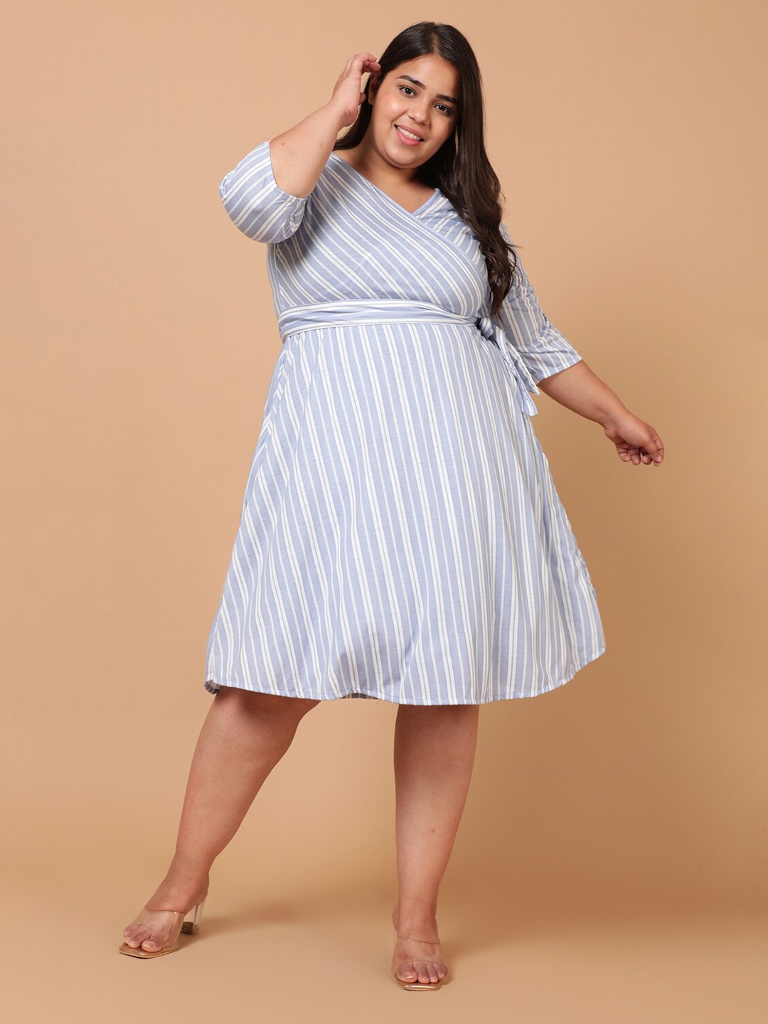 

Amydus Women Plus Size Blue & White Striped Dress