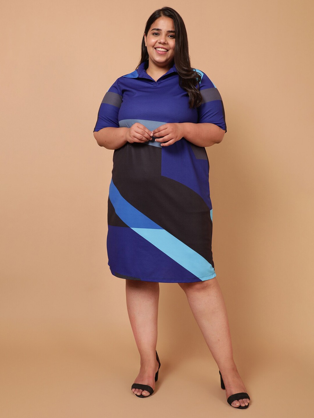 

Amydus Women Plus Size Blue & Black Colourblocked A-Line Dress