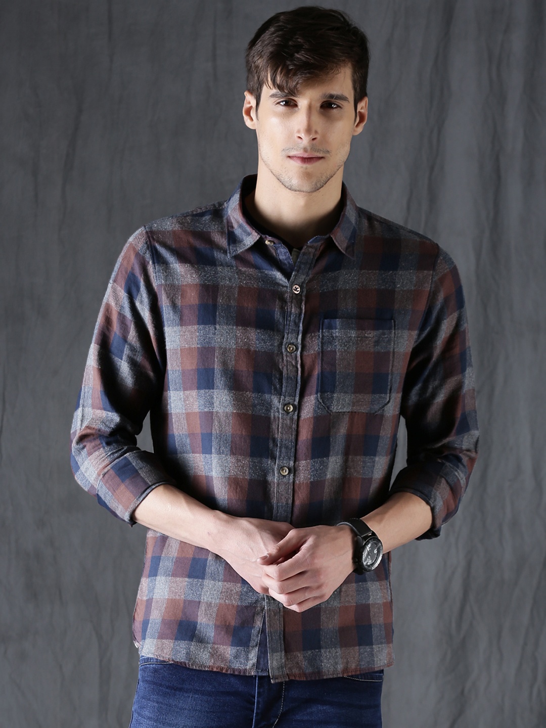 

WROGN Men Brown & Blue Slim Fit Checked Casual Shirt