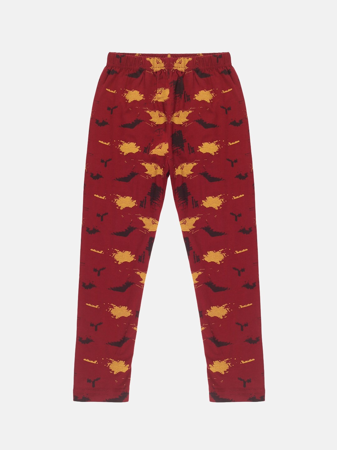 

KiddoPanti Girls Maroon & Yellow Printed Ankle-Length Leggings