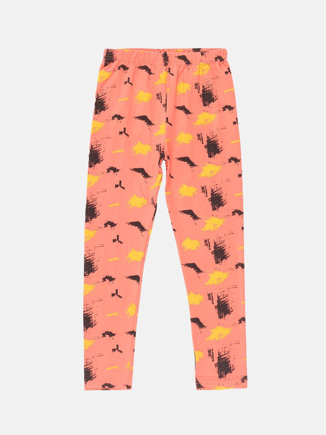 

KiddoPanti Girls Coral & Yellow Printed Ankle-Length Leggings