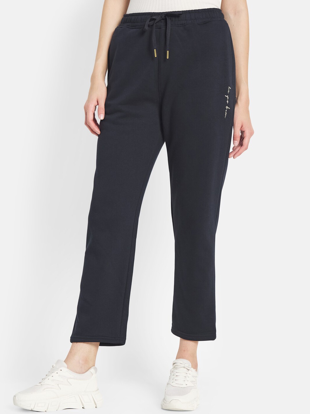 

METTLE Women Navy Blue Solid Cotton Track Pants