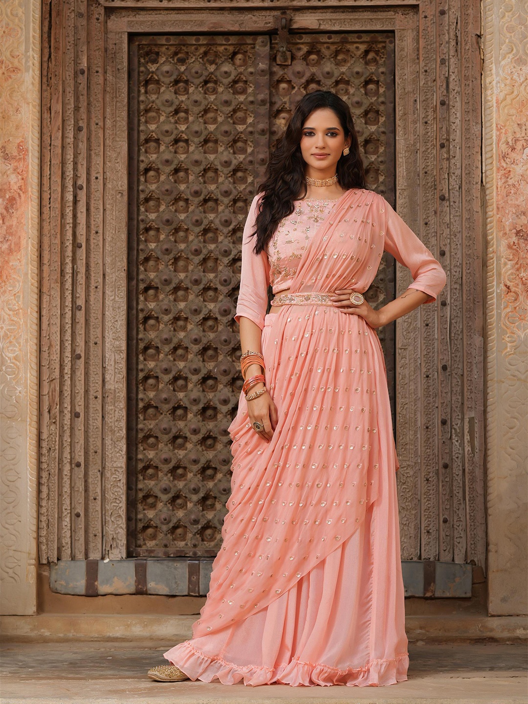 

SCAKHI Peach Coloured Embellished Mirror Work Lehenga And Blouse With Dupatta