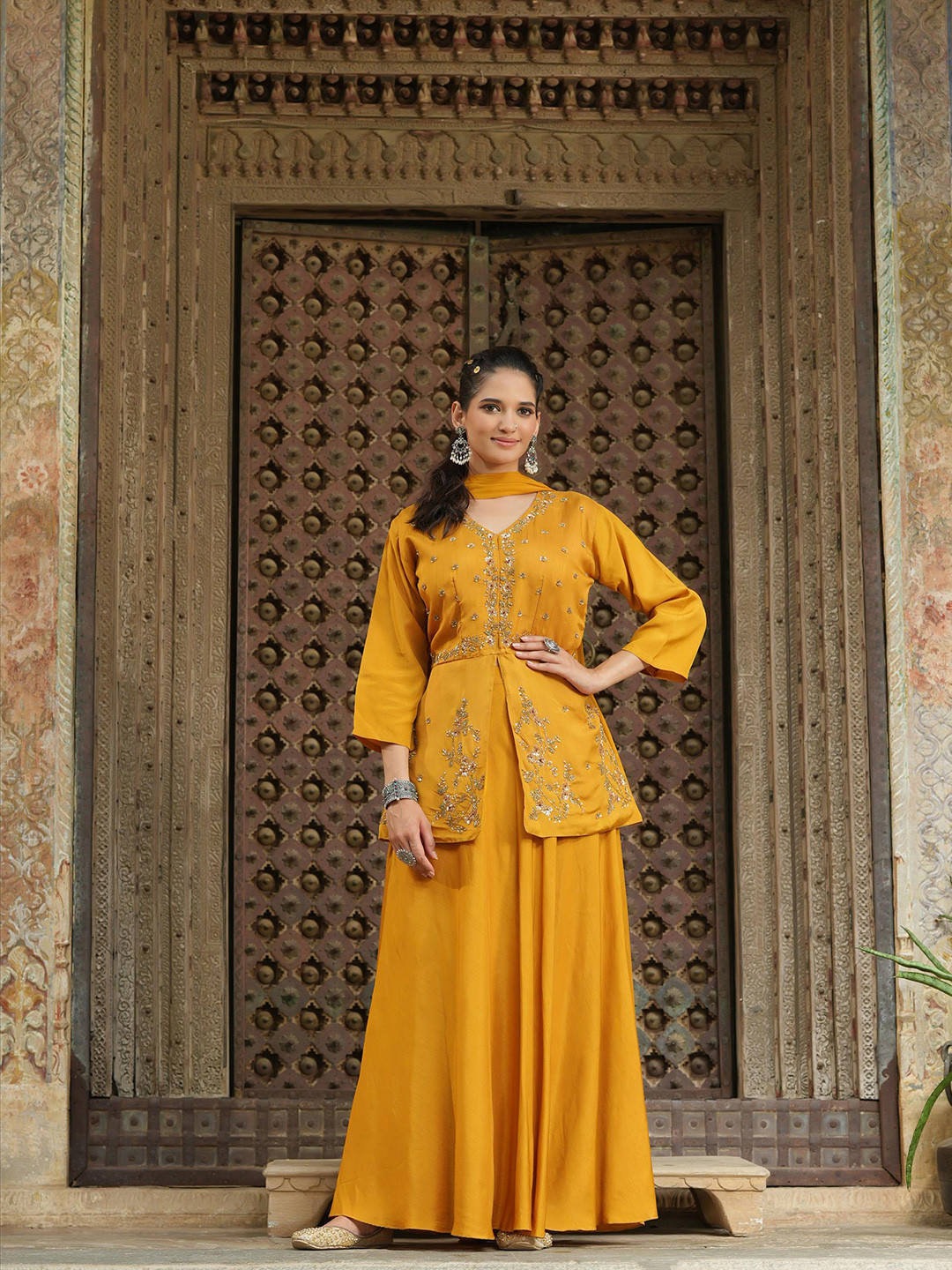 

SCAKHI Mustard & Gold-Toned Embellished Sequinned Ready to Wear Lehenga & Blouse With Dupatta